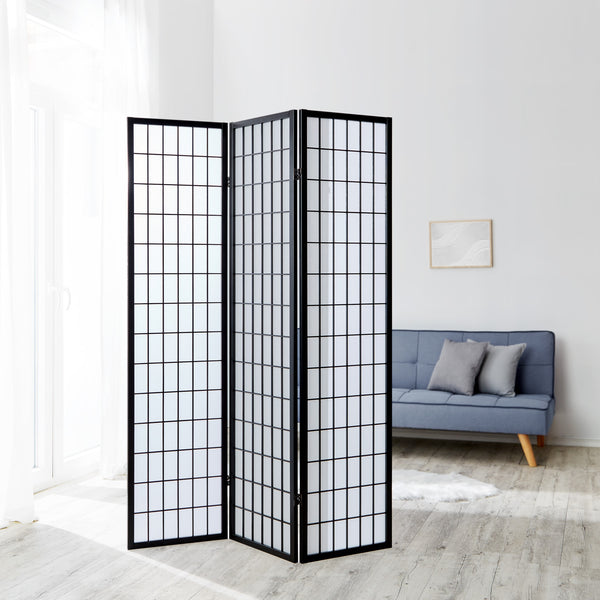 Folding screen room divider, 3-panel Shoji partition made of wood, black