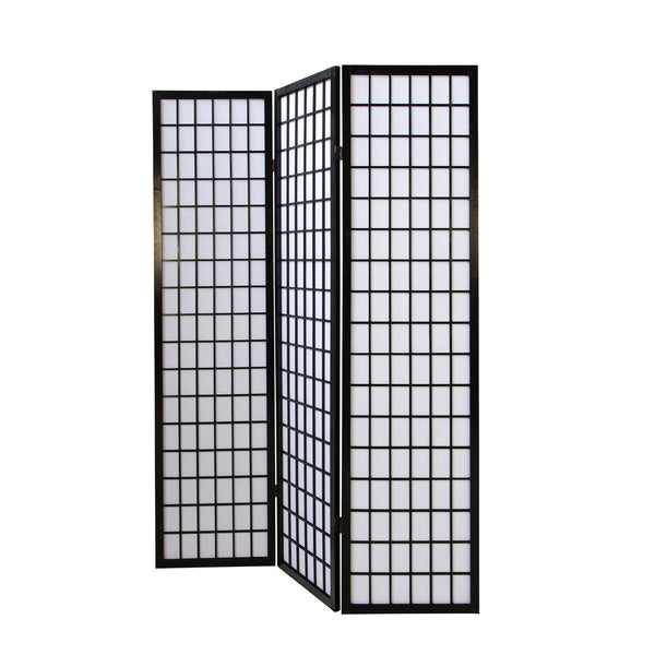 Folding screen room divider, 3-panel Shoji partition made of wood, black