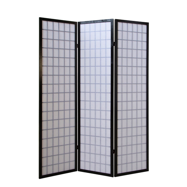 Folding screen room divider, 3-panel Shoji partition made of wood, black