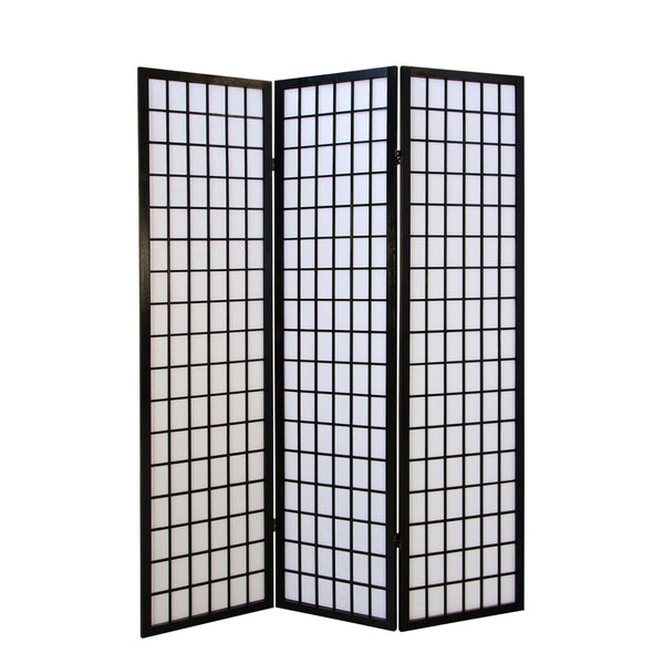 Folding screen room divider, 3-panel Shoji partition made of wood, black