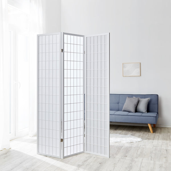 Folding screen room divider, 3-panel Shoji partition made of wood, white