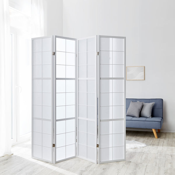 Folding screen room divider, 4-panel Shoji partition made of wood, white
