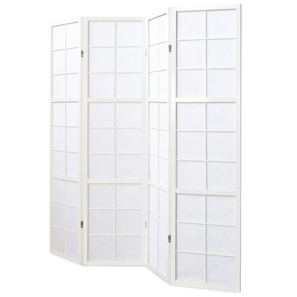 Folding screen room divider, 4-panel Shoji partition made of wood, white