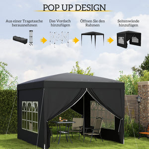 Pavillon 3x3m UV-Schutz 50+ faltbar mit Seitenteilen & Tasche Schwarz