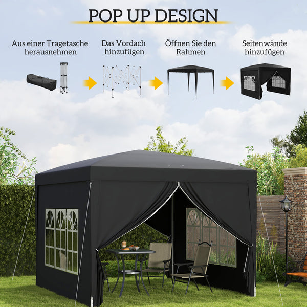 Pavillon 3x3m UV-Schutz 50+ faltbar mit Seitenteilen & Tasche Schwarz