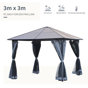 Pavillon mit Polycarbonatdach Vorhänge und Fliegennetz 3x3m