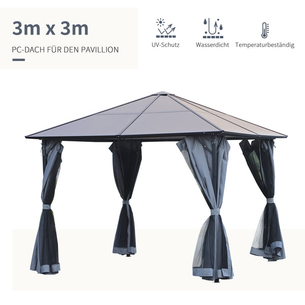 Pavillon mit Polycarbonatdach Vorhänge und Fliegennetz 3x3m