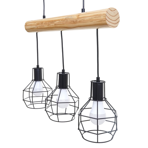 Pendelleuchte Hängelampe Industrial Vintage Holz Metall 3 Gitterlampenschirme schwarz