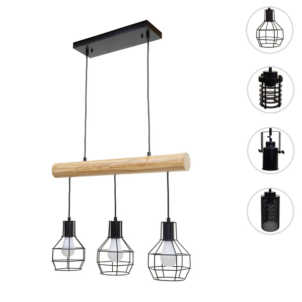 Pendelleuchte Hängelampe Industrial Vintage Holz Metall 3 Gitterlampenschirme schwarz