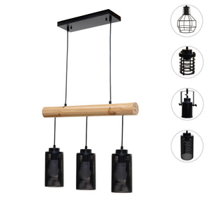 Pendelleuchte Hängelampe Industrial Vintage Holz Metall 3 Rohrlampenschirme schwarz