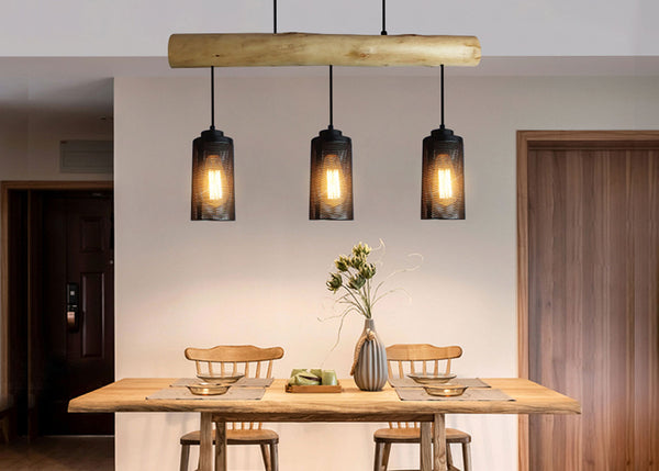 Pendelleuchte Hängelampe Industrial Vintage Holz Metall 3 Rohrlampenschirme schwarz