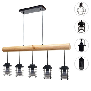 Pendelleuchte Hängelampe Industrial Vintage Holz Metall 5 Käfiglampenschirme schwarz