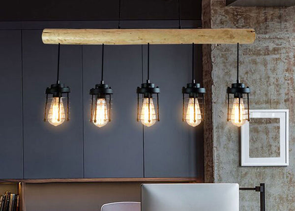 Pendelleuchte Hängelampe Industrial Vintage Holz Metall 5 Käfiglampenschirme schwarz