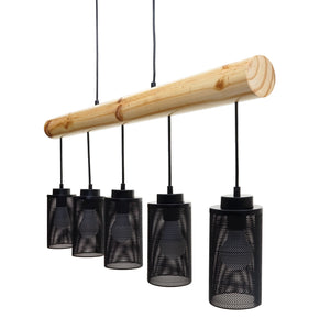Pendelleuchte Hängelampe Industrial Vintage Holz Metall 5 Rohrlampenschirme schwarz