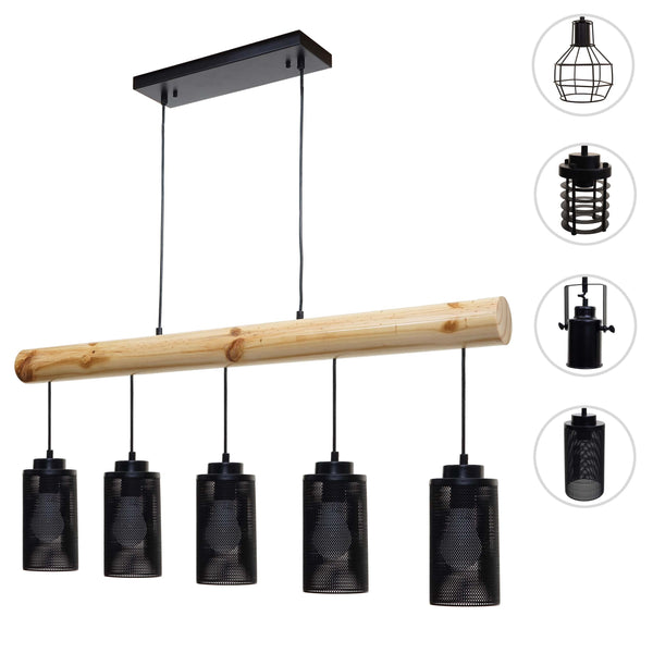 Pendelleuchte Hängelampe Industrial Vintage Holz Metall 5 Rohrlampenschirme schwarz