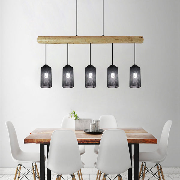Pendelleuchte Hängelampe Industrial Vintage Holz Metall 5 Rohrlampenschirme schwarz