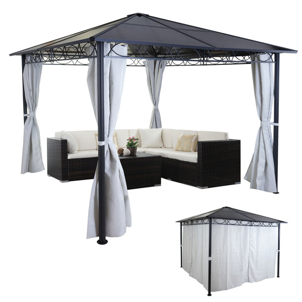 Pergola 3x3m mit Kunststoff-Dach & Alu-Seitenwand hellgrau