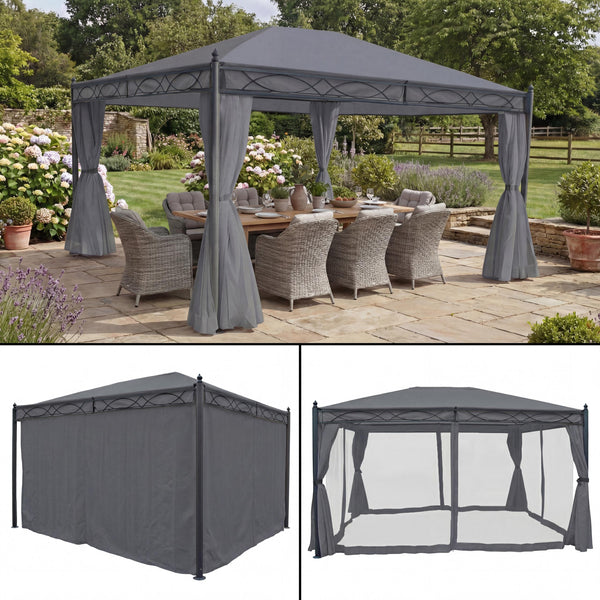 Pergola aus Aluminium 4x3m Grau mit Seitenwand & Moskitonetz