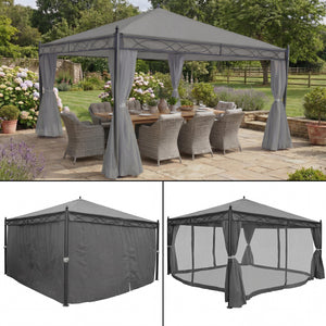Pergola Gartenpavillon 4x4m mit Seitenwand & Moskitonetz Grau