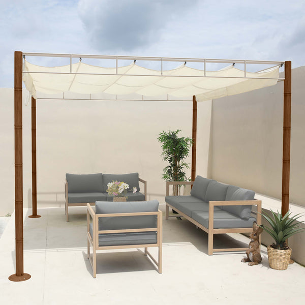 Pergola Pavillon 3x3m Bambus-Optik Cremeweiss Metallgestell Garten