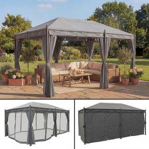 Pergola Pavillon 5x3m Grau mit Seitenwand & Moskitonetz Stabil