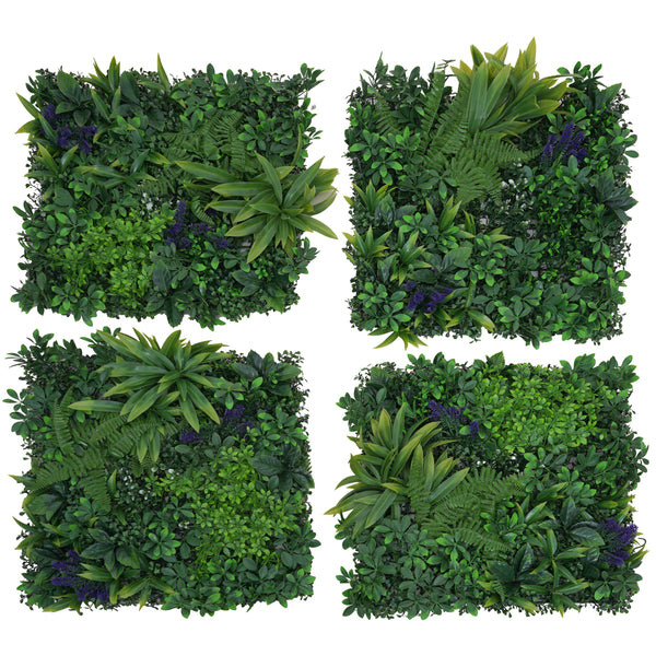 Künstliche Pflanzenwand 1m² Grün mit Lila Blüten, Wanddeko Indoor Outdoor