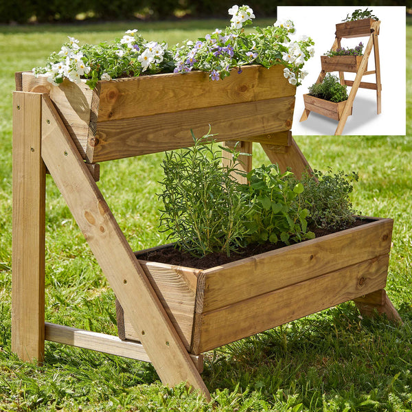 Supporto per piante in legno a 2 livelli per balcone e giardino