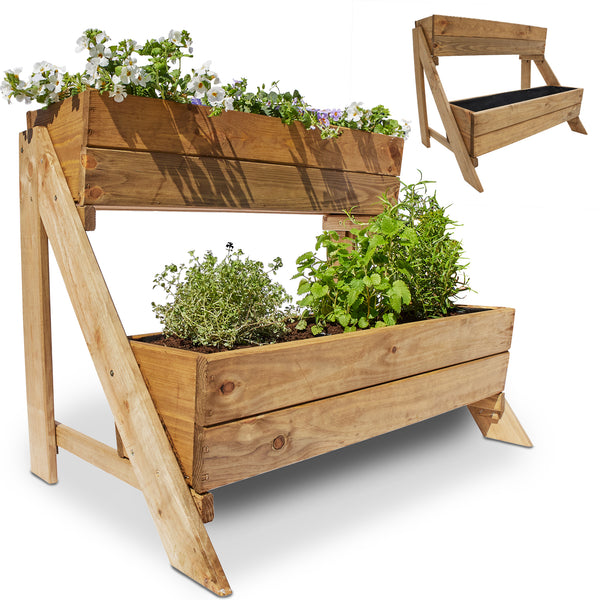 Supporto per piante in legno a 2 livelli per balcone e giardino