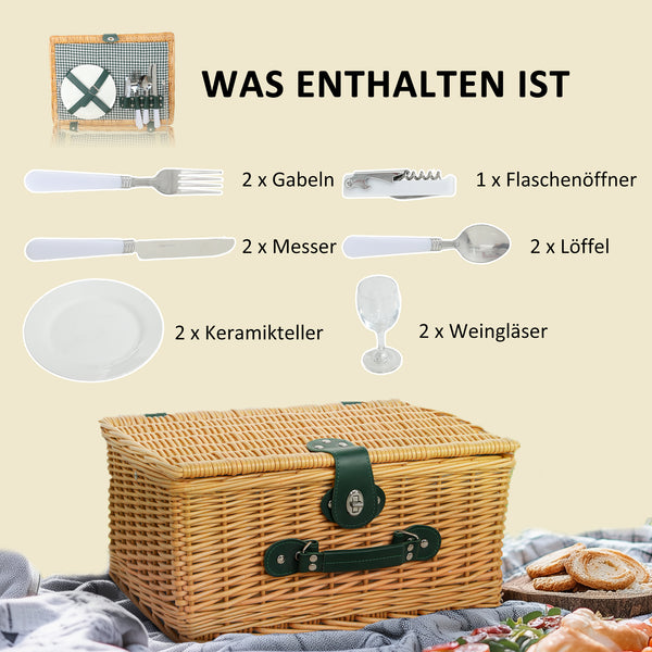 Picknickkorb für 2 Personen mit Kühlfach und Besteckset Weide
