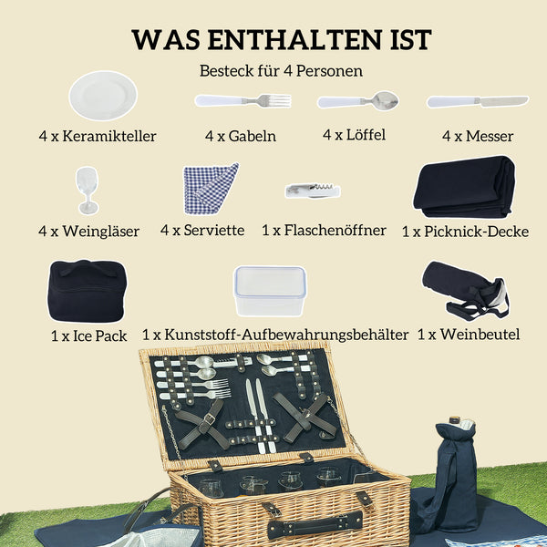 Picknickkorb für 4 Personen mit Kühlfach und Besteckset Weide