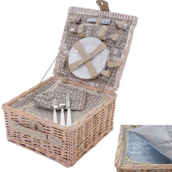 Picknickkorb Set für 4 Personen mit Kühlfach, beige, Porzellan