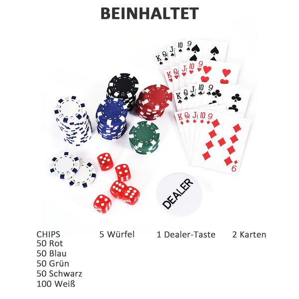 Pokerkoffer mit 300 Chips 2 Kartenspielen & 5 Würfel im kompakten Alukoffer