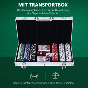 Pokerkoffer mit 300 Chips 2 Kartenspielen & 5 Würfel im kompakten Alukoffer