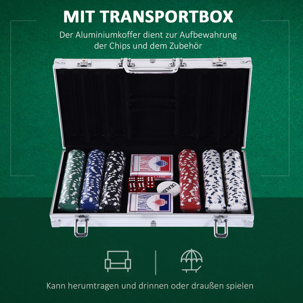 Pokerkoffer mit 300 Chips 2 Kartenspielen & 5 Würfel im kompakten Alukoffer