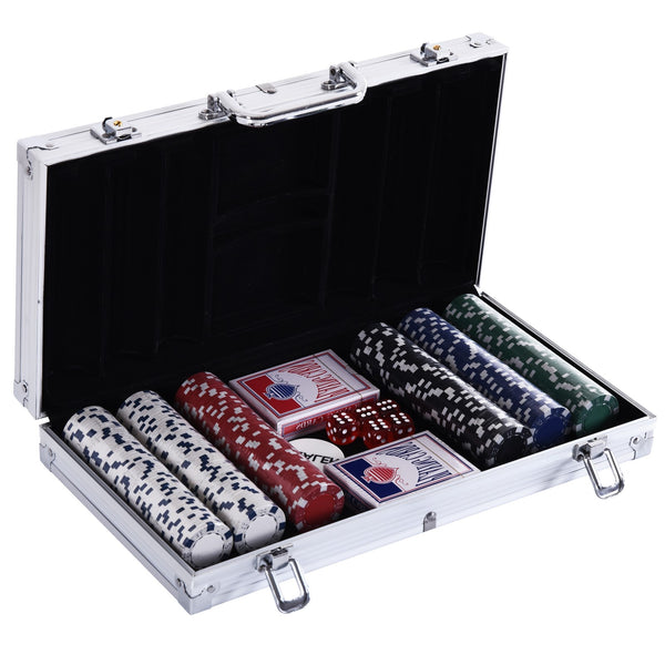 Pokerkoffer mit 300 Chips 2 Kartenspielen & 5 Würfel im kompakten Alukoffer