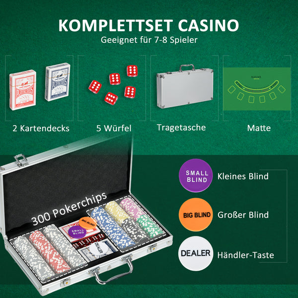 Pokerkoffer 300 Chips mit Schloss Komplettset Silber