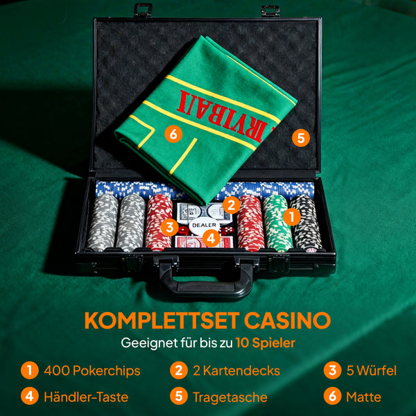 Pokerkoffer Set mit 400 Chips 2 Kartendecks und Zubehör