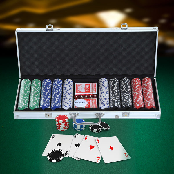 Pokerkoffer Set mit 500 Pokerchips 2 Kartenspielen & 5 Würfel im Alukoffer