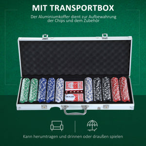 Pokerkoffer Set mit 500 Pokerchips 2 Kartenspielen & 5 Würfel im Alukoffer