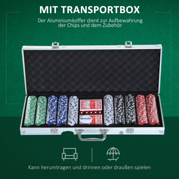 Pokerkoffer Set mit 500 Pokerchips 2 Kartenspielen & 5 Würfel im Alukoffer