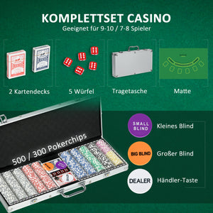 Pokerkoffer Set 500 Chips mit Schloss 2 Kartendecks & Würfel