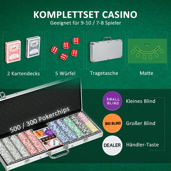 Pokerkoffer Set 500 Chips mit Schloss 2 Kartendecks & Würfel
