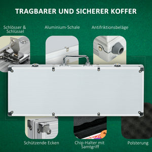 Pokerkoffer Set 500 Chips mit Schloss 2 Kartendecks & Würfel