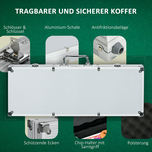 Pokerkoffer Set 500 Chips mit Schloss 2 Kartendecks & Würfel