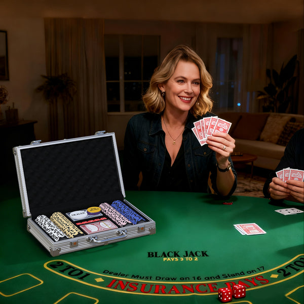 Pokerkoffer Set mit Chips Karten Würfeln und Dealer Button