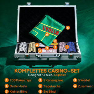 Pokerkoffer Set mit Chips Karten Würfeln und Dealer Button