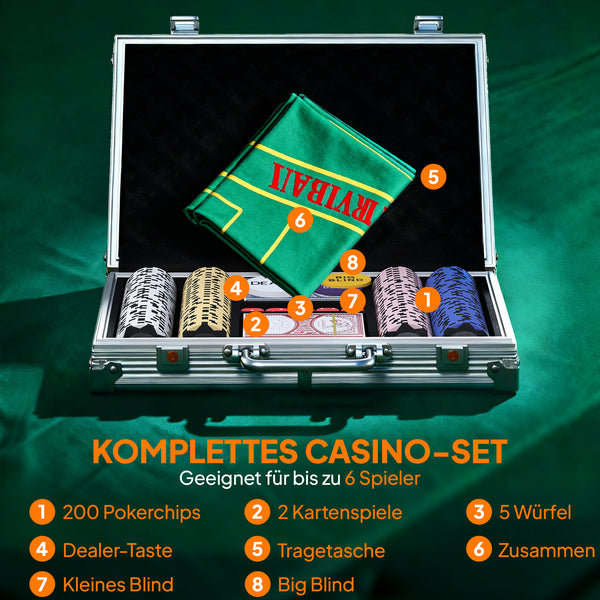Pokerkoffer Set mit Chips Karten Würfeln und Dealer Button