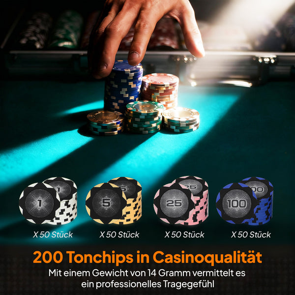 Pokerkoffer Set mit Chips Karten Würfeln und Dealer Button