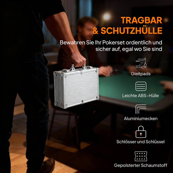 Pokerkoffer Set mit Chips Karten Würfeln und Dealer Button