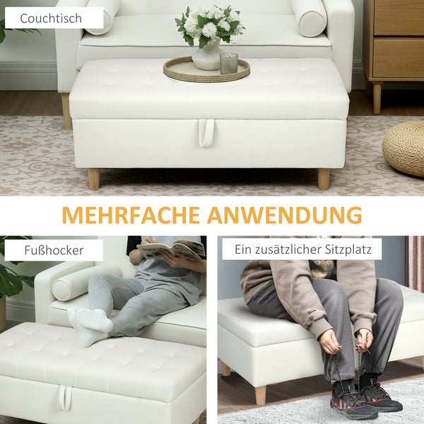Polsterhocker mit Stauraum und Holzbeinen cremeweiss